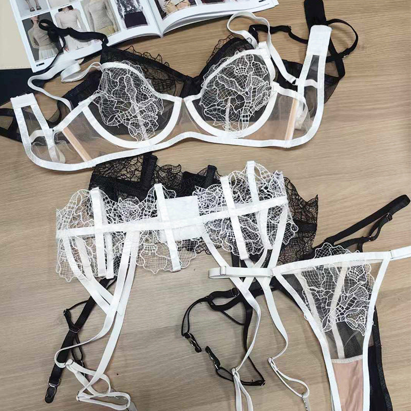 European And American Style Underwear Lady  Embroidered Lace Mesh See-through Push Up Bra Set