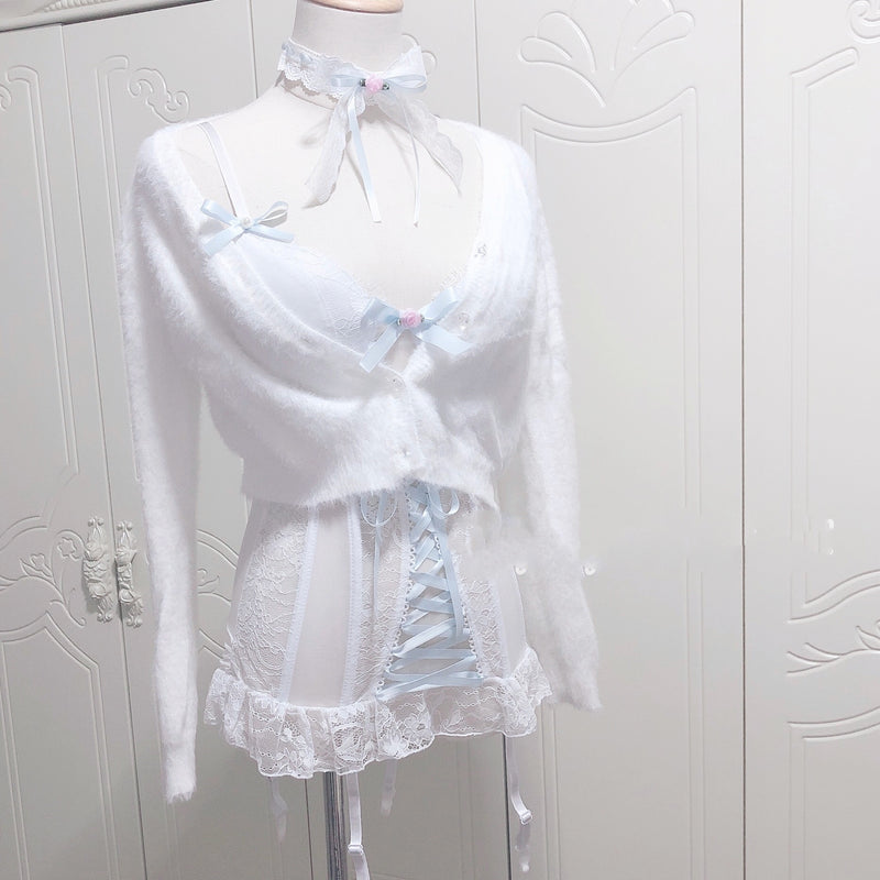 Sweet Ribbon Bandage Bowknot White Lace Corset Sexy Perspective Base Sling