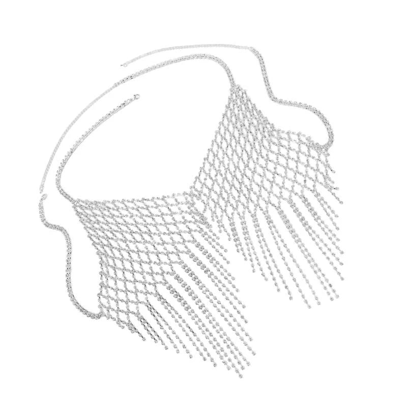 5asd Women Rhinestones Tassels Crop Top Nightclub Halter Backless Body Chain