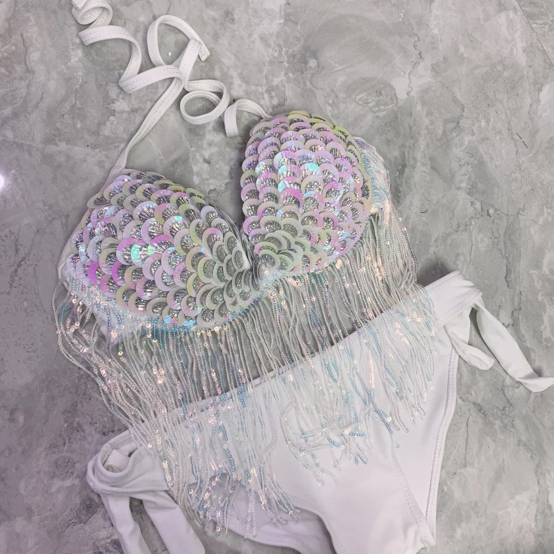 RM Original Mermaid Shell Handmade Sewing Sexy Bikini Peacock Swimsuit Oceanarium Shooting Vacation Sequin Bra