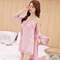 Sexy Black Lace Long Robe Nightgown Female Sleepwear 2Pcs Set Elegant Silky Satin Nightwear Nightdress Loose Homewear Lingerie