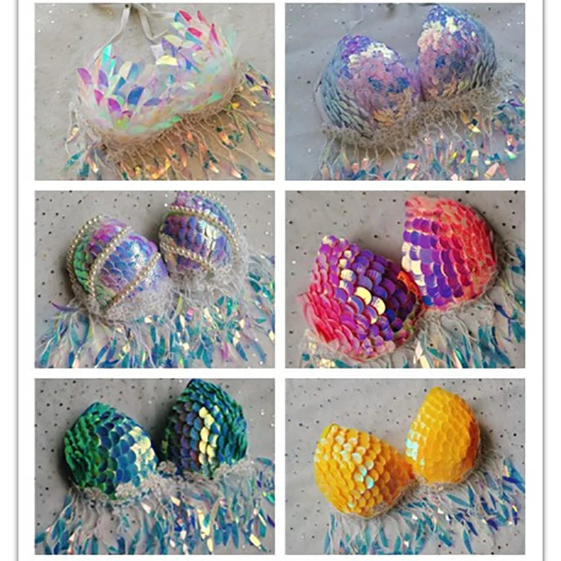 Handmade Mermaid Sequins Seashell Bikini Top Bra Oceanarium Bar Table Performance Costume Fishtail Leather