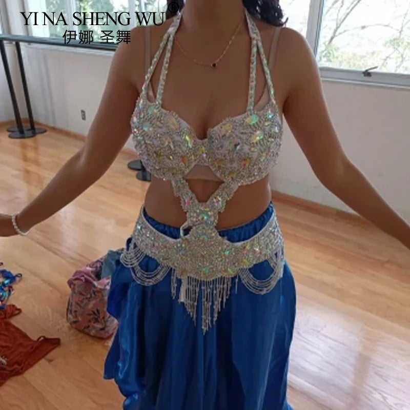 Women Sexy Belly Dance Beaded Top Bra & Belt 2pieces Belly Dance Costume Outfit Set Female Bollytwood Dance Costume 3 Colors