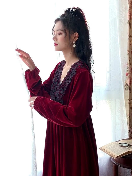 Court Style Long Dress Warm Gold Velvet Pajamas