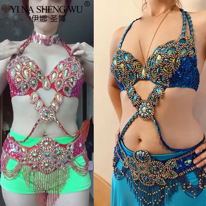 Women Sexy Belly Dance Beaded Top Bra & Belt 2pieces Belly Dance Costume Outfit Set Female Bollytwood Dance Costume 3 Colors