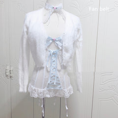 Sweet Ribbon Bandage Bowknot White Lace Corset Sexy Perspective Base Sling