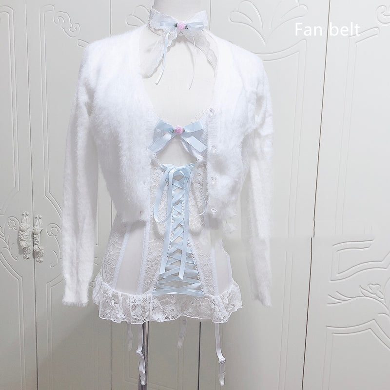 Sweet Ribbon Bandage Bowknot White Lace Corset Sexy Perspective Base Sling