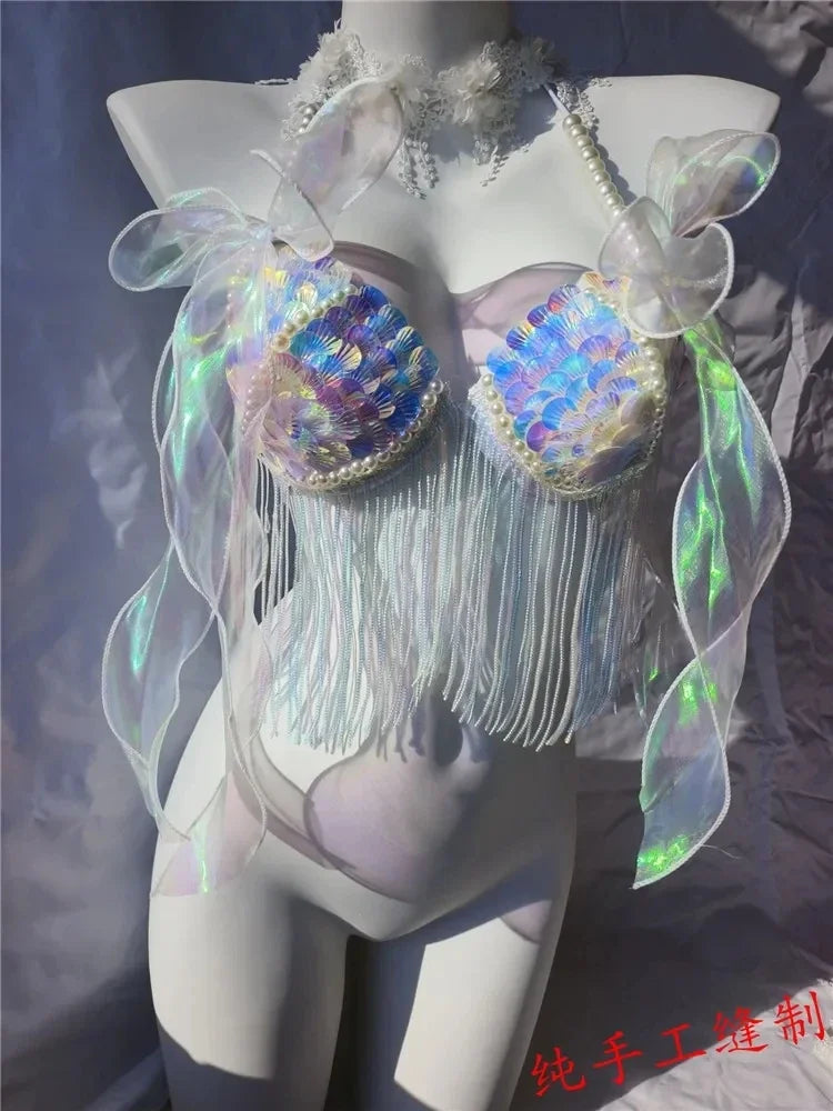 Women Bikini Top Bra Mermaid Sequin Shell Aquarium Bar Lolita Show Outfit Fishtail Leather Halloween Cosplay Costumes
