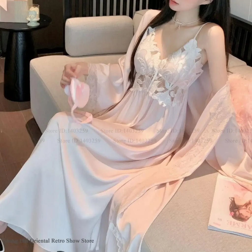 Sexy Black Lace Long Robe Nightgown Female Sleepwear 2Pcs Set Elegant Silky Satin Nightwear Nightdress Loose Homewear Lingerie