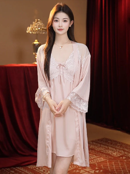 Sexy Nightdress Lace Bow Robe Hanging Two-piece Set