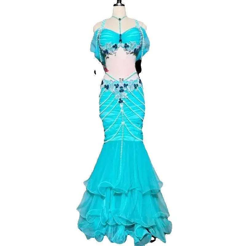 BellyDance Set Women's Customized Luxury Rhinestone Bra+Exquisite Pearl Fishtail Skirt 2pcs Oriental Dance Performance Clothing