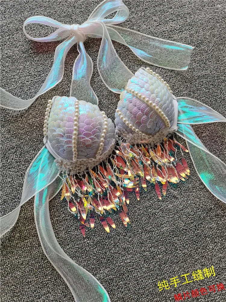 Handmade Mermaid Sequins Seashell Bikini Top Bra Oceanarium Bar Table Performance Costume Fishtail Leather