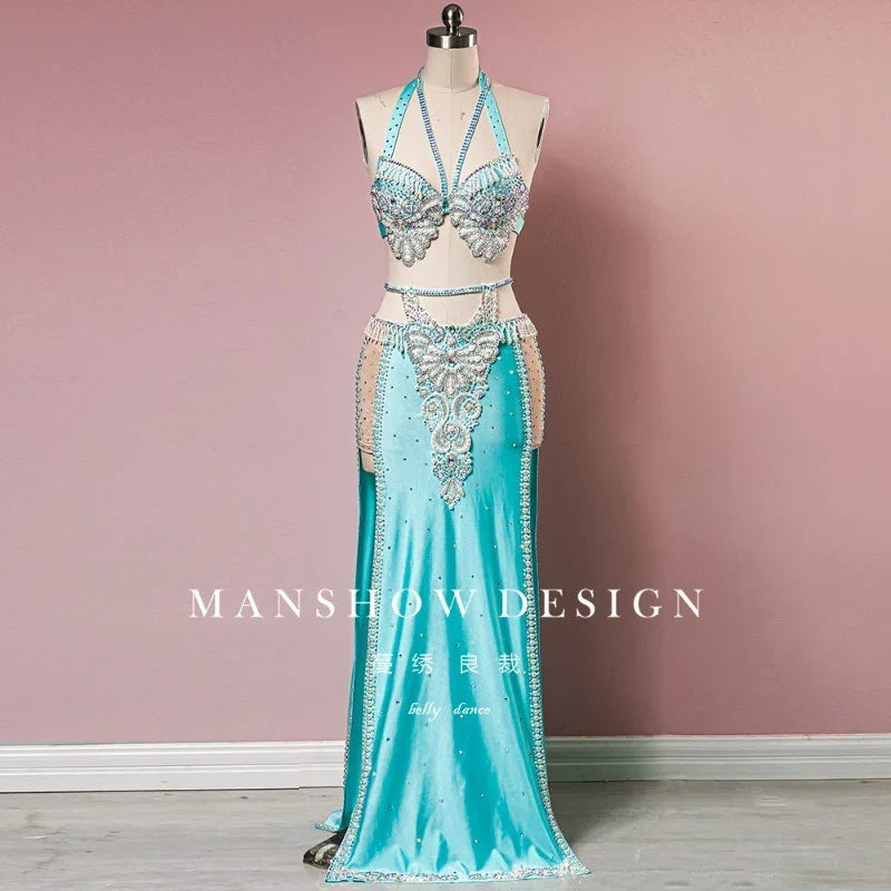 Customized Bellydance Costume Women's Sense Hip Hugging Skirt Set High Waisted Tassel Long Skirt Belly Dancing Bra Performance