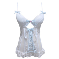 Sweet Ribbon Bandage Bowknot White Lace Corset Sexy Perspective Base Sling