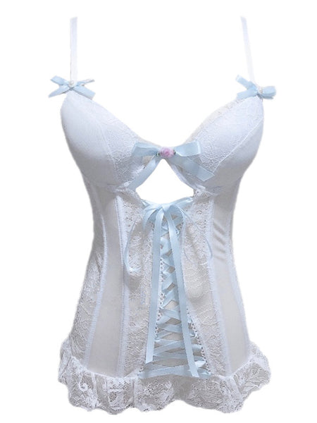 Sweet Ribbon Bandage Bowknot White Lace Corset Sexy Perspective Base Sling