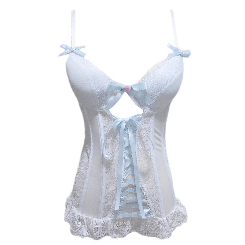 Sweet Ribbon Bandage Bowknot White Lace Corset Sexy Perspective Base Sling