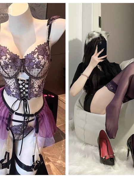 Purple Rose Sexy Lingerie Sexy Lace Embroidery Three-piece Set
