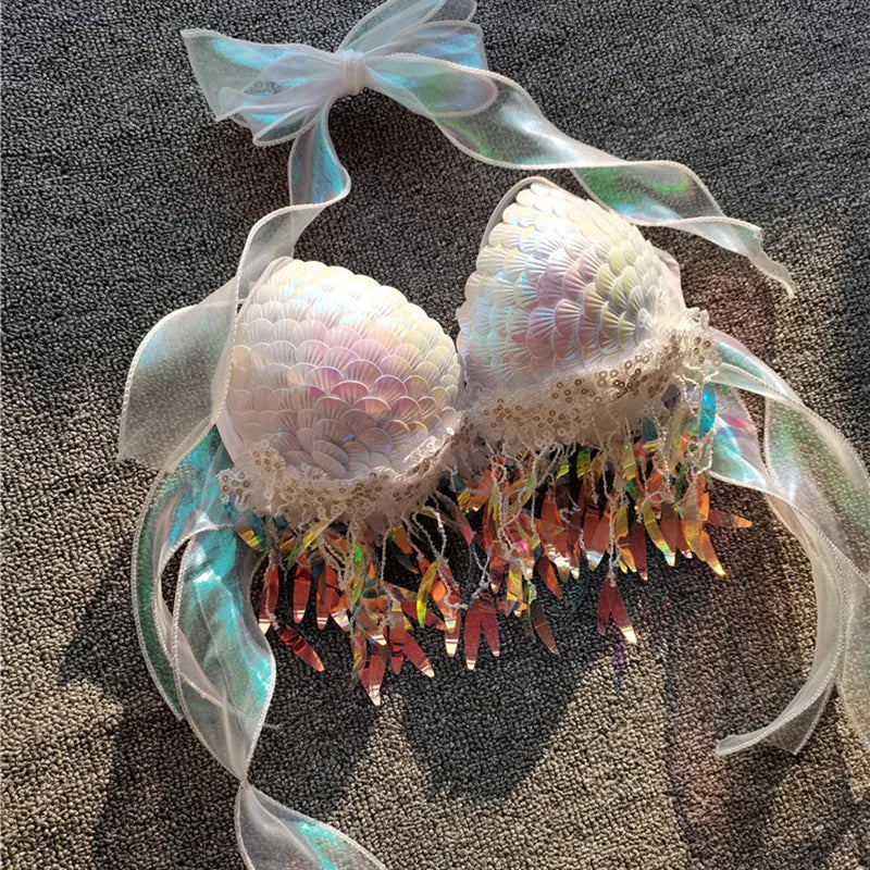Mermaid Sequins Seashell Bikini Top Bra Oceanarium Bar Table Performance Clothes Electric Festival Fishtail Leather