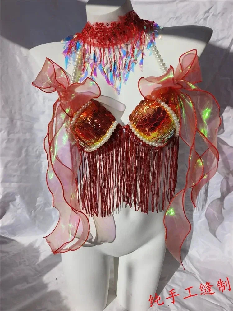 Women Bikini Top Bra Mermaid Sequin Shell Aquarium Bar Lolita Show Outfit Fishtail Leather Halloween Cosplay Costumes