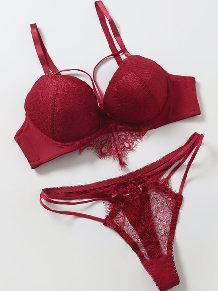 French Sexy Lace Red Lingerie Suit Gathered
