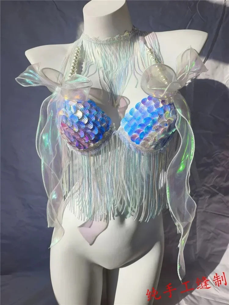 Women Bikini Top Bra Mermaid Sequin Shell Aquarium Bar Lolita Show Outfit Fishtail Leather Halloween Cosplay Costumes