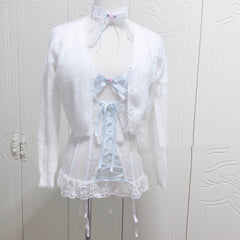 Sweet Ribbon Bandage Bowknot White Lace Corset Sexy Perspective Base Sling