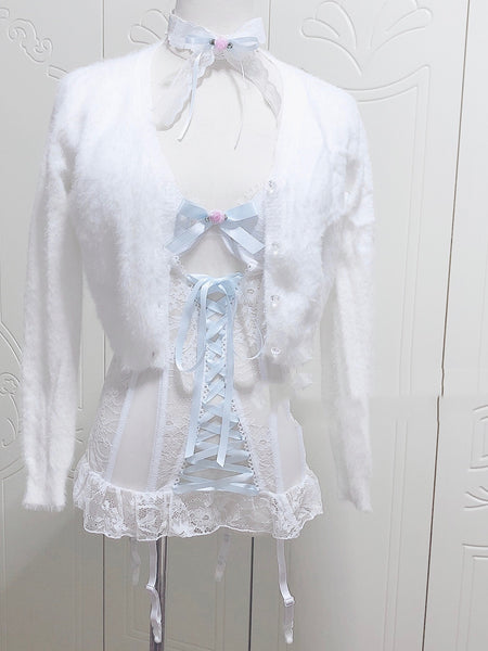 Sweet Ribbon Bandage Bowknot White Lace Corset Sexy Perspective Base Sling