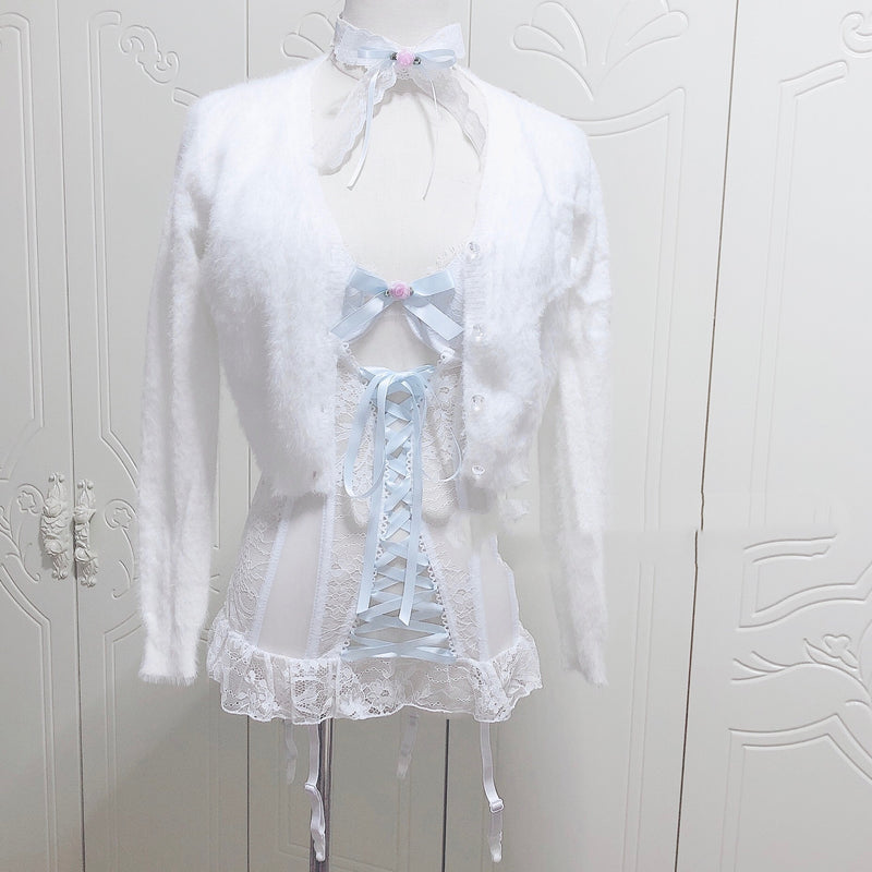 Sweet Ribbon Bandage Bowknot White Lace Corset Sexy Perspective Base Sling