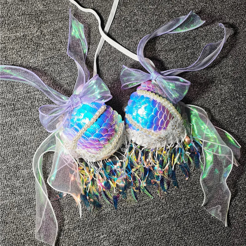 Mermaid Sequins Seashell Bikini Top Bra Oceanarium Bar Table Performance Clothes Electric Festival Fishtail Leather