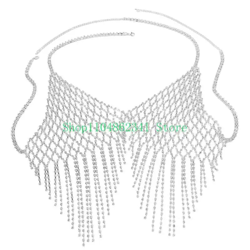 5asd Women Rhinestones Tassels Crop Top Nightclub Halter Backless Body Chain