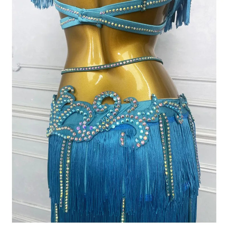 Customized Belly Dance Suit for Women Practice Outfit Oriental Dance Costume Lake Blue Tassels Bra Skirt Latin Performance Dress