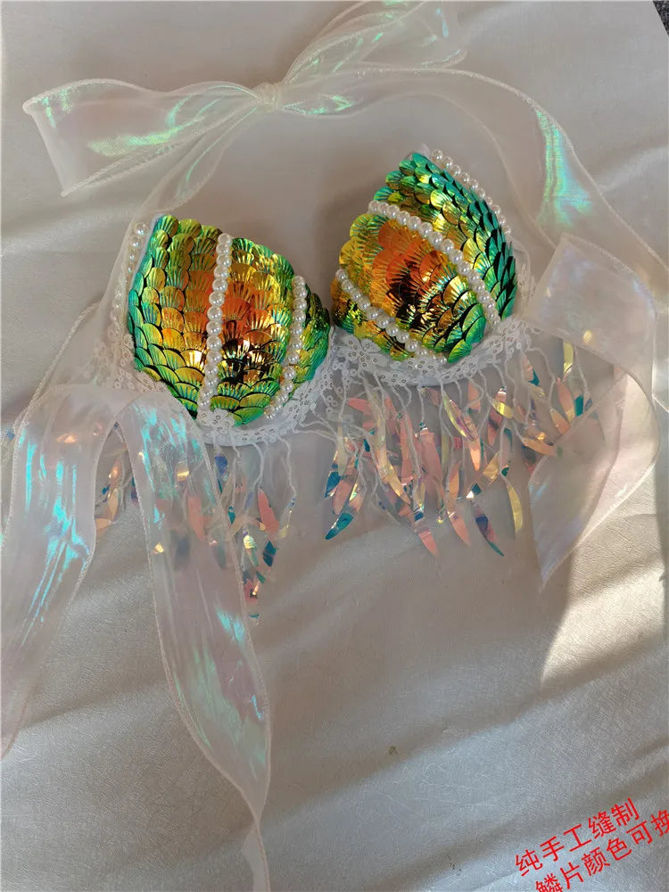 Handmade Mermaid Sequins Seashell Bikini Top Bra Oceanarium Bar Table Performance Costume Fishtail Leather