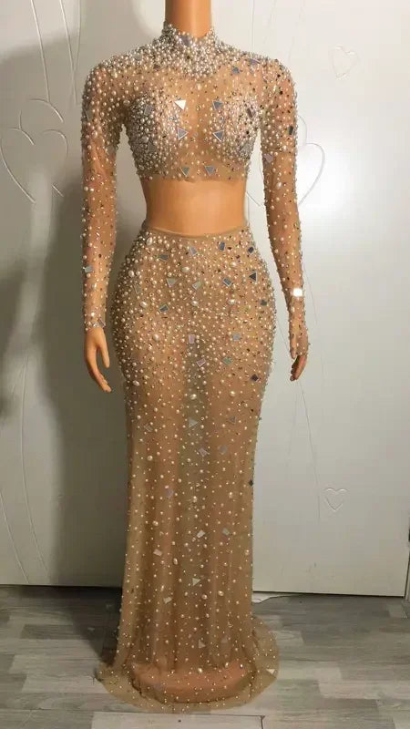 2026 Flashing Rhinestones Mirror Pearl Transparent Top Skirt Evening Outfit Birthday Celebrate 2 Pieces Set Women Dancer Costume