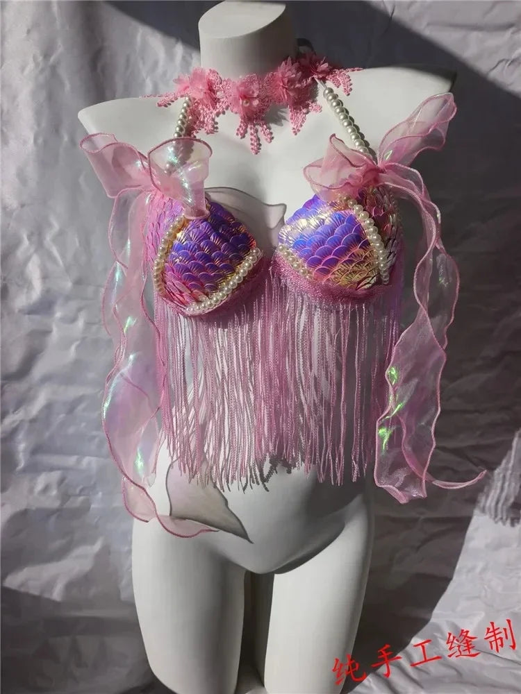 Women Bikini Top Bra Mermaid Sequin Shell Aquarium Bar Lolita Show Outfit Fishtail Leather Halloween Cosplay Costumes