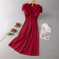 Nightdress Female Ice Silk Sexy Dress Mid-length Lace