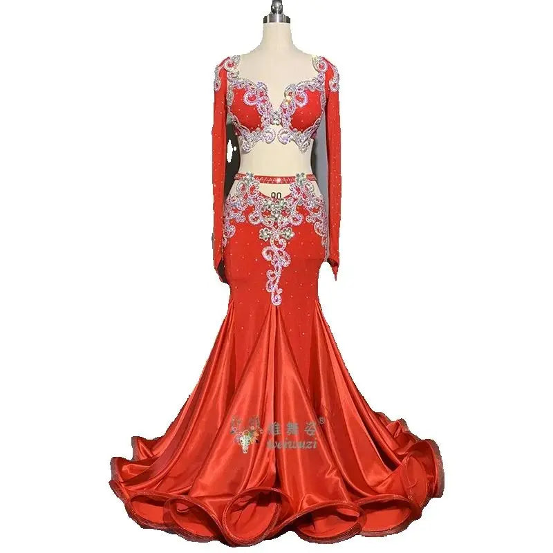 Belly Dance Performance Set Long sleeves Elegant Bra+buttocks Fishtail Skirt Original Suit for Women Bellydancing Wear Outfit