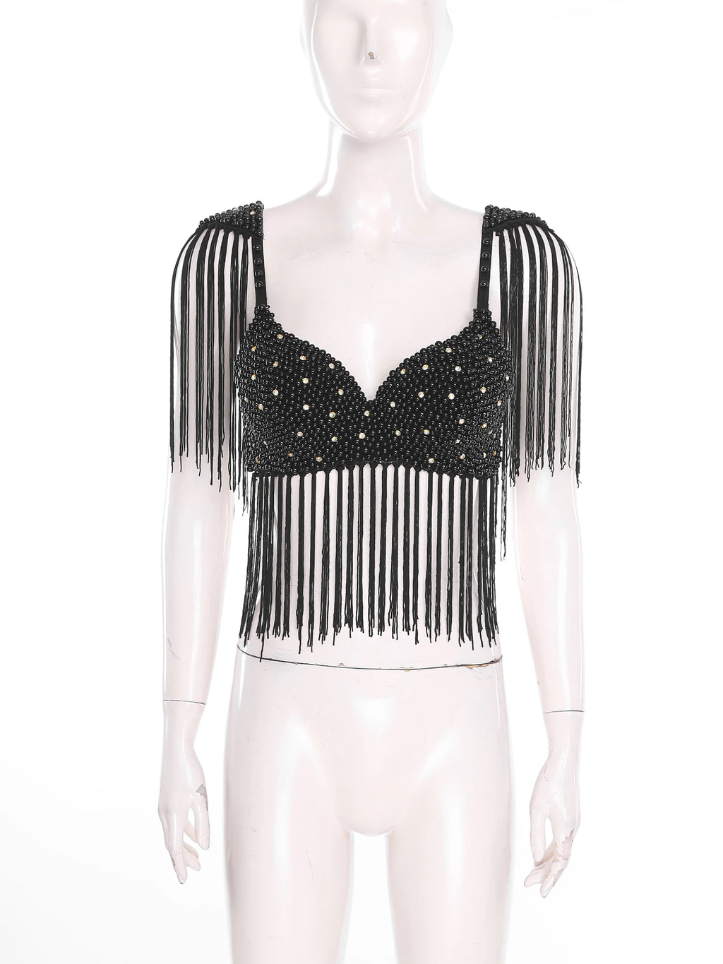 Womens Belly Dance Fringe Bra Allover Plastic Beads Tassel Trim Push-up Bra Top with Shoulder Boards Latin Dance Costume Party