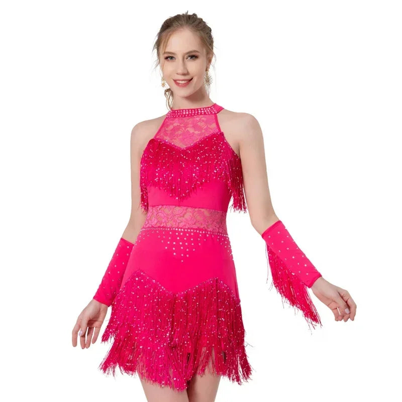 2025 Elegant Sequin Beaded Tassel Latin Dress With Sleeves For Women Sexy Lace Hollow Out Halter Sparkly Rumba -Cha Dancewear