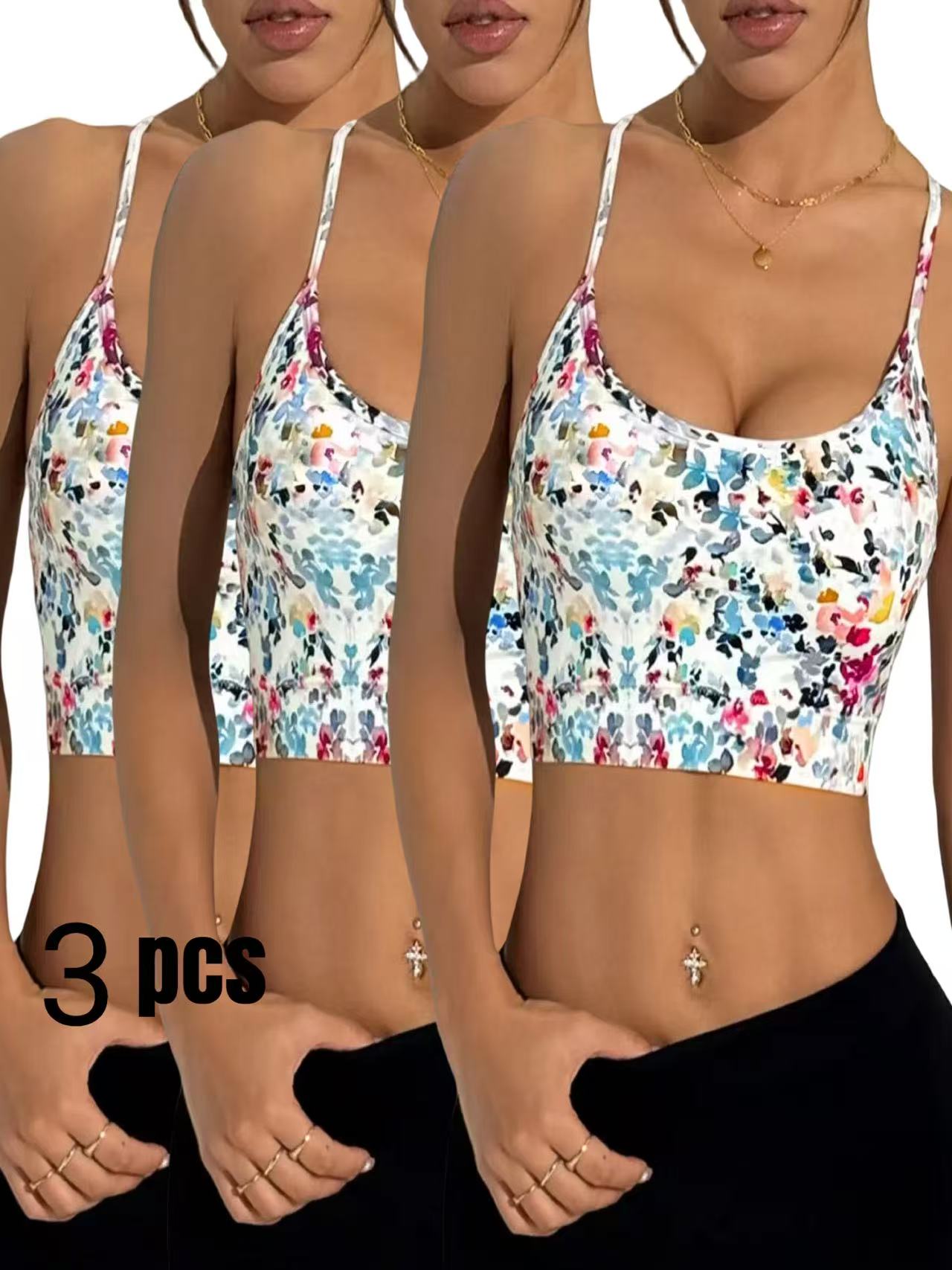 3 Pack Women's Spring & Summer New Cross Thin-Strap Floral Print Daily Sports Bra