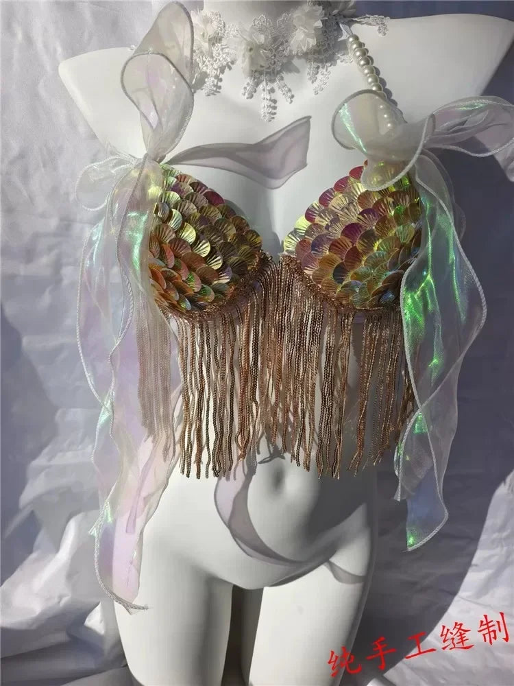 Women Bikini Top Bra Mermaid Sequin Shell Aquarium Bar Lolita Show Outfit Fishtail Leather Halloween Cosplay Costumes