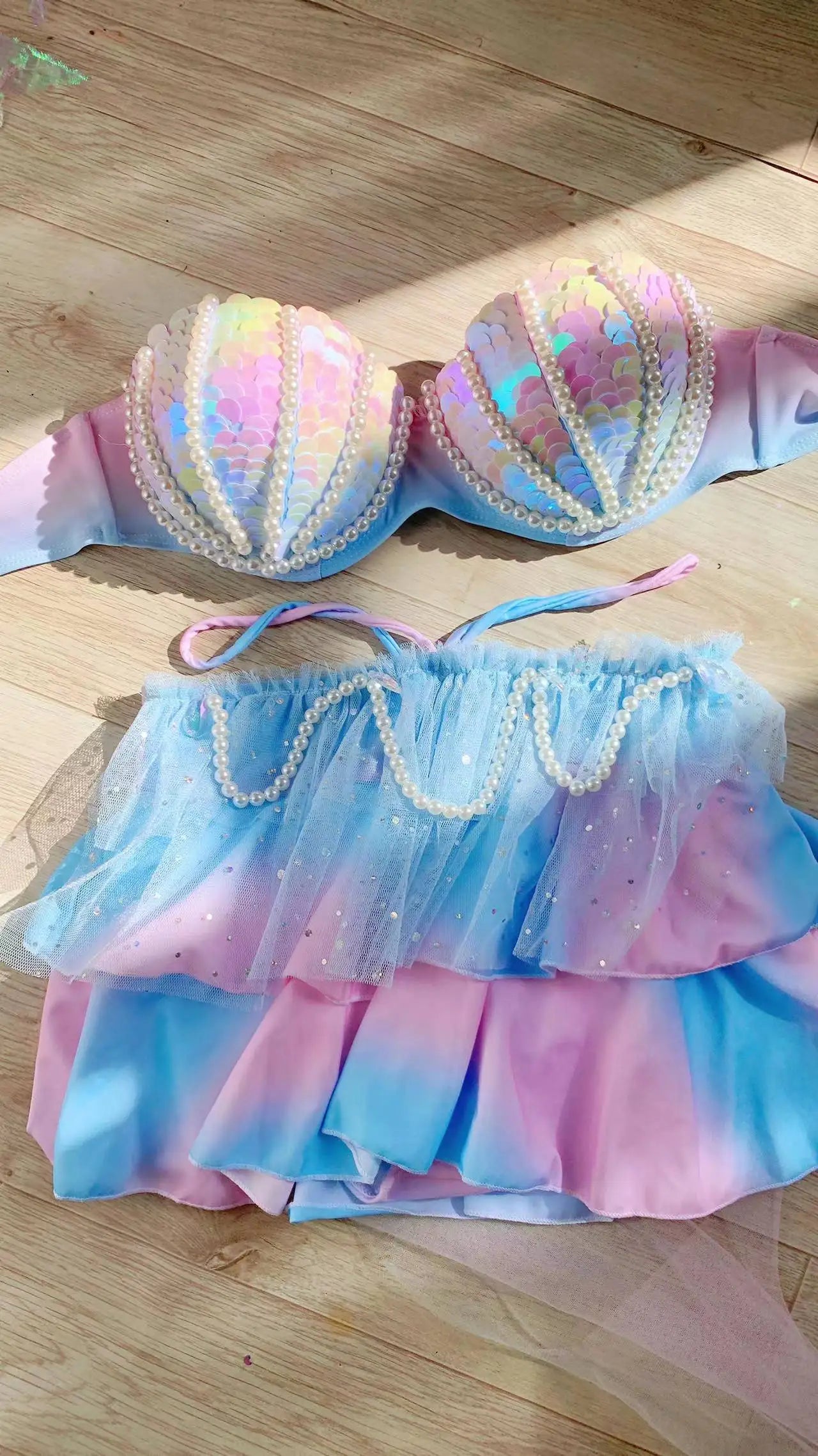 Mermaid Sequin Corset Short Skirt Pearl Corset For Free Diving Bikini Oceanarium Performance Cosplay Bra