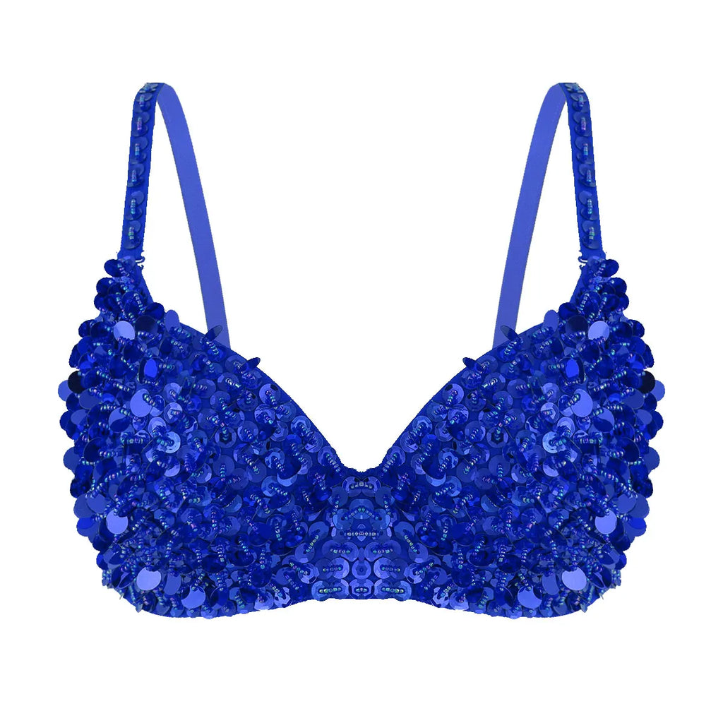 Sexy Womens Belly Dance Bustier Bra Carnival Pole Dancing Costume Rave Party Clubwear Glittery Sequins Beading Padded Bra Top