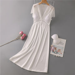 Nightdress Female Ice Silk Sexy Dress Mid-length Lace