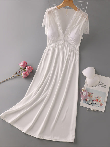 Nightdress Female Ice Silk Sexy Dress Mid-length Lace