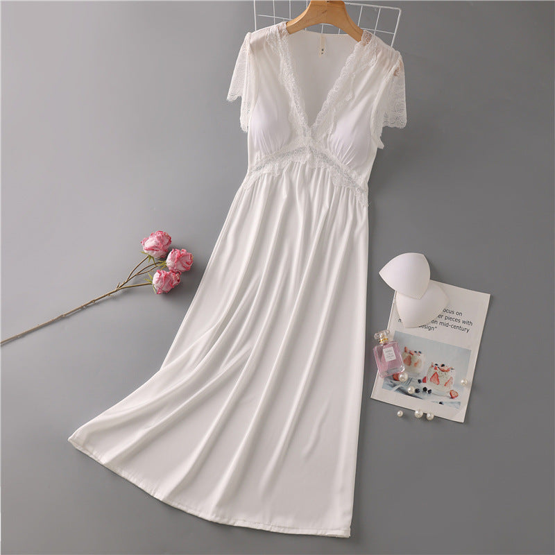 Nightdress Female Ice Silk Sexy Dress Mid-length Lace