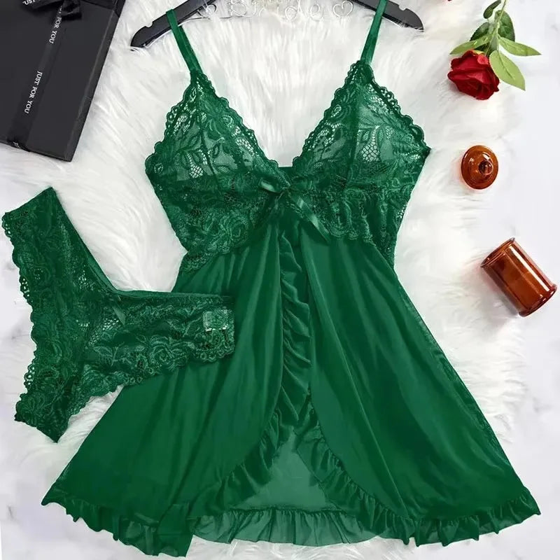Women Lace Lingerie Set Transparent Babydoll Nightdress with Panty Sexy Lace Sleepwear Nightwear Pajamas Set for Women