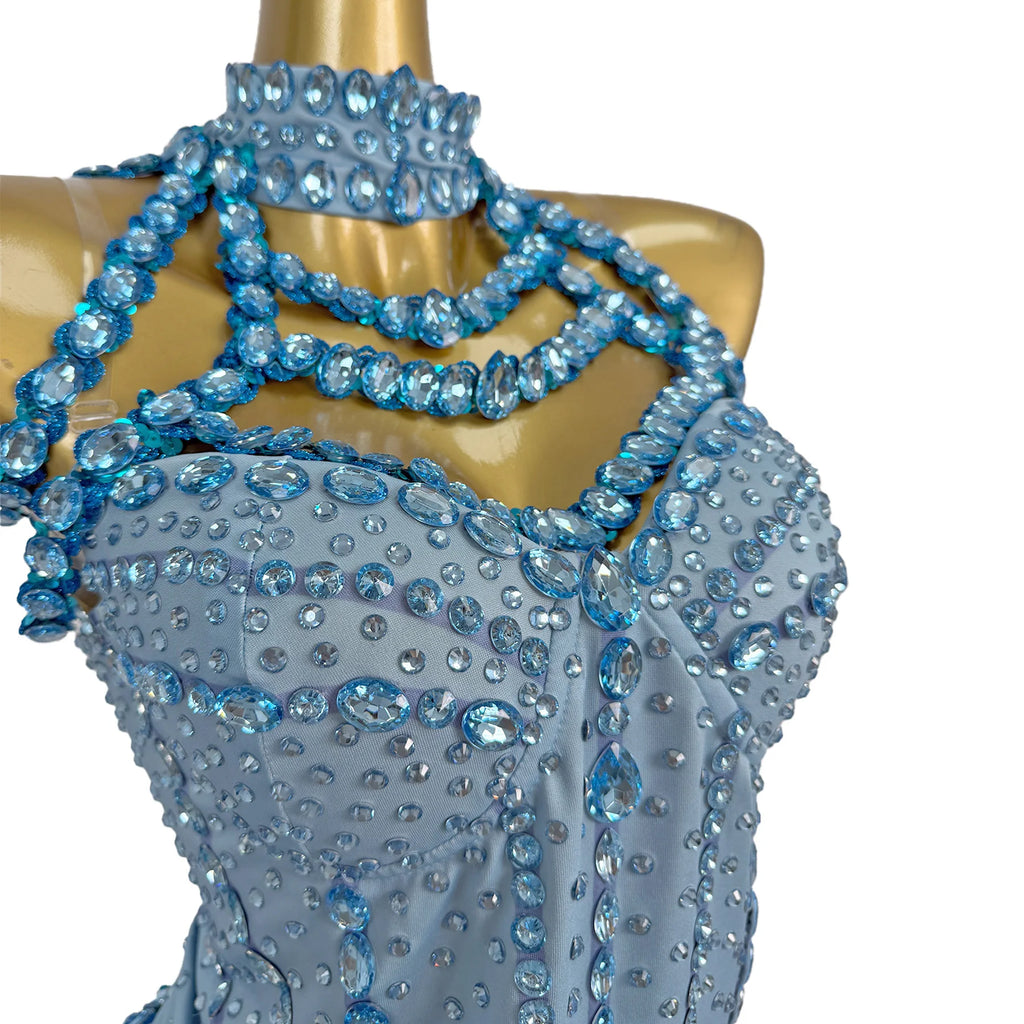 Tianlan Sexy Bar Club Performance Costume Blue Rhinestone Strapless Jumpsuit with Neck Chain Women's Cocktail Prom Party Dress