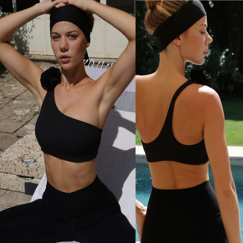 Rib Handmade Three-dimensional Flower Oblique Shoulder Sports Bra With Chest Pad Yoga Vest Women's Suit