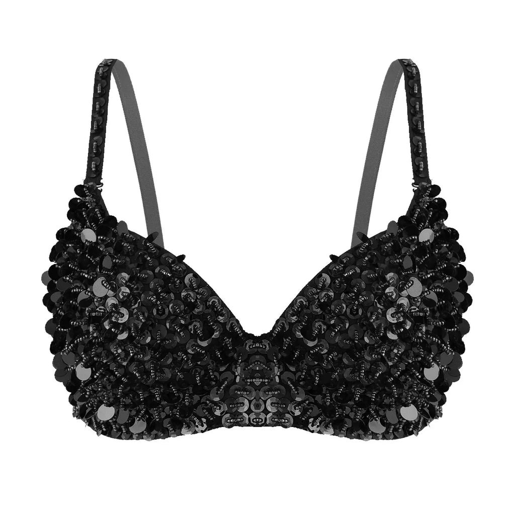 Sexy Womens Belly Dance Bustier Bra Carnival Pole Dancing Costume Rave Party Clubwear Glittery Sequins Beading Padded Bra Top