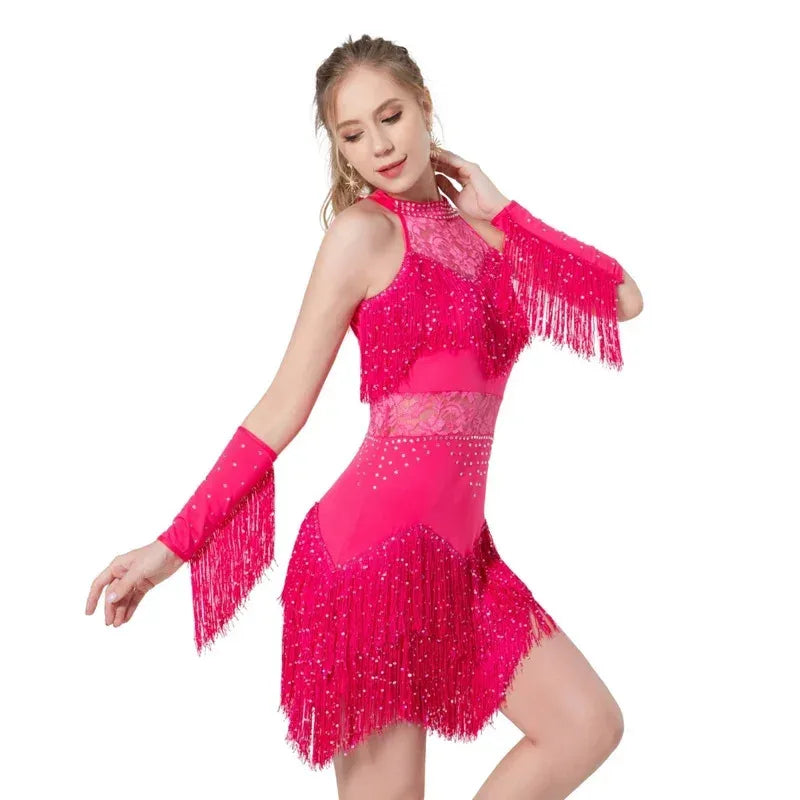2025 Elegant Sequin Beaded Tassel Latin Dress With Sleeves For Women Sexy Lace Hollow Out Halter Sparkly Rumba -Cha Dancewear